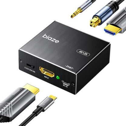 4K HDMI Audio Extractor Splitter, HDMI Audio Video Converter Adapter + Optical Toslink SPDIF + AUX 3.5mm Audio Jack Analog Audio Compatible with Fire Stick, Blu-Ray Player