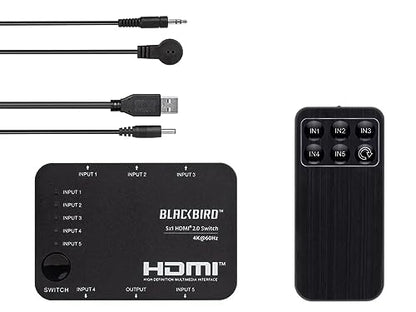 Monoprice 4K 5x1 HDMI 2.0 Switch - 4K@60Hz, Dolby Vision, HDR, HDR10, Hybrid Log-Gamma, 18Gbps, HDCP 2.2, HDMI 2.0, USB Powered, with IR Remote Control - Blackbird Series