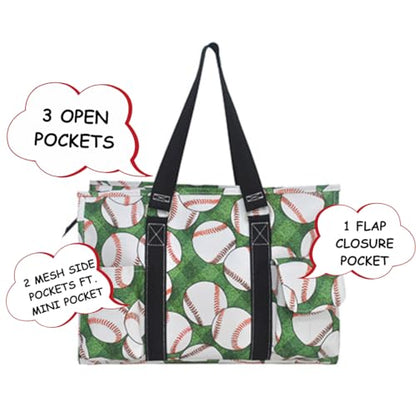 NGIL Utility Water Resistant Tote Bag | Work Tote for Women, Nurse Bag, Teacher's Choice Purse, Gym Bag, Everyday Organizer Top Zipper Closure - color: Baseball Field- Black