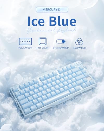 GravaStar Mercury K1 75% Blue Gaming Keyboard, Aluminum Alloy Mechanical Keyboard, Gasket Hot-Swap Socket, Linear Switches, RGB Backlit, Wireless Keyboard for Gaming, Office, and Gifts【Ice Blue】 - color: Ice Blue