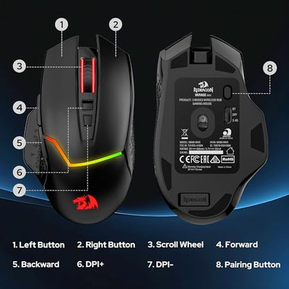 Redragon M690 MAX Wireless RGB Gaming Mouse 12800 DPI Remapping Keys | Cable-Free 0 Delay, Redefine Keybinding Macro, Vibing Backlight, Ergonomic Grip Body Comfort - style: M690 MAX