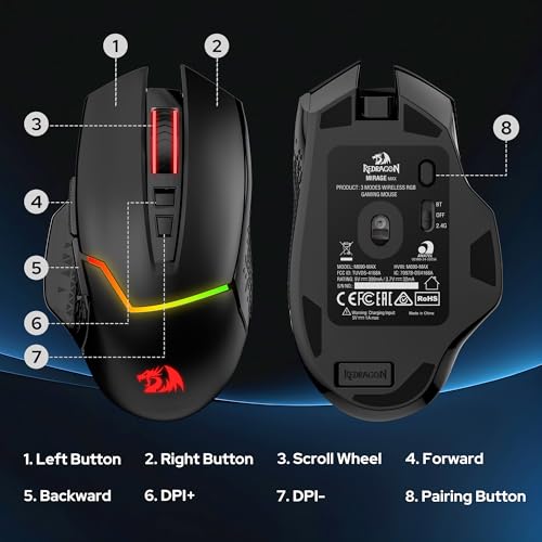 Redragon M690 MAX Wireless RGB Gaming Mouse 12800 DPI Remapping Keys | Cable-Free 0 Delay, Redefine Keybinding Macro, Vibing Backlight, Ergonomic Grip Body Comfort - style: M690 MAX