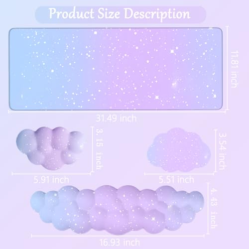 Cloud Mouse Pad Keyboard Wrist Rest 4PCS Extended Large Galaxy Stars Desk Mat Pad Set Memory Foam Non-Slip Cute Ergonomic Gaming Mouse Pad Wrist Support for Computer Home Office Purple Blue - color: 4pcs Purple Blue