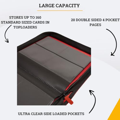 Card Guardian - Toploader 4 Pocket Premium Binder with Zipper for 160 Cards - Side Loaded Pockets - Compatible with Sports and Trading Cards TCG (Red) - color: Red