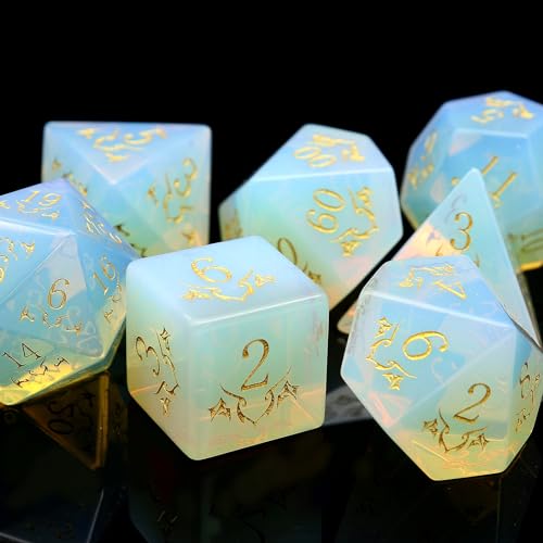 Haxtec Opal Gemstone DND Dice Set with Dice Case Precious Gemstone Dice Set for Dungeons and Dragons TTRPG Gifts for Dungeons Masters - color: White Gold