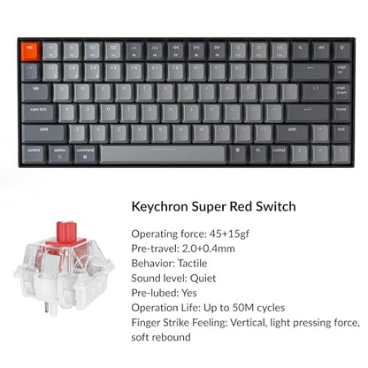 Keychron K2 75% Layout Bluetooth Mechanical Keyboard Super Red Switch/White LED Backlit/Anti Ghosting/N-Key Rollover/84 Key USB C Wired Computer Keyboard for Mac Windows-Version 2 - color: Red Switch