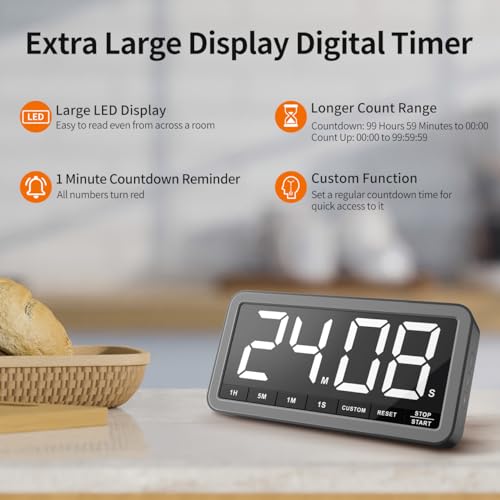 Large 7.8" Digital Timer, Magnetic LED Timer for Kitchen & Classroom | USB-C Rechargeable, Up to 99 Hours Count Up & Countdown Timer with 3 Brightness Levels, 4 Alert Modes and 3 Volume Levels - color: Space Grey