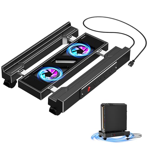 CABTE Computer Tower Stand with Charging Station and Cooling System | Adjustable Mobile CPU Holder with 4 Rolling Casters, Under Desk CPU Bracket PC Floor Cart PC Riser for Office, Home - color: Socket with Fan