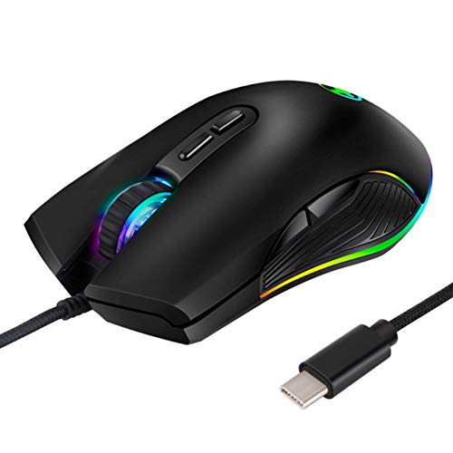 FIRSTMEMORY USB C Ergonomic Wired RGB Gaming Mouse - Optical with Adjustable DPI 800/1600/2400/3200 - Compatible with Notebook, PC, Laptop, MacBook and All Type-C Devices (Black)