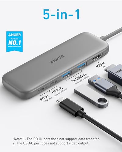 Anker USB C Hub, 5-in-1 USBC to HDMI Splitter with 4K Display, 1 x Powered USB-C 5Gbps & 2×Powered USB-A 3.0 5Gbps Data Ports for MacBook Pro, MacBook Air, Dell and More (Grey) - color: Grey