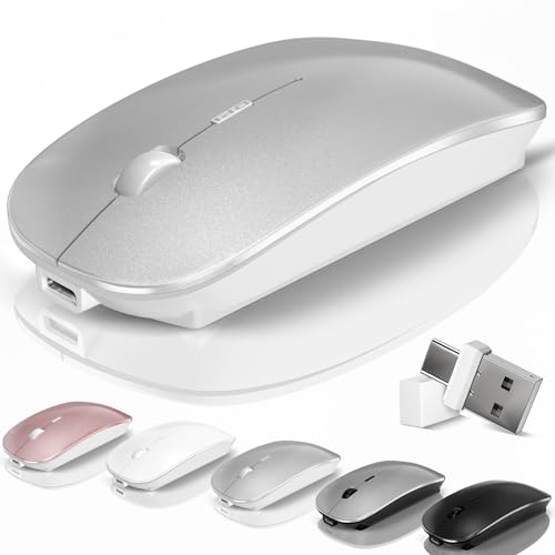 Bluetooth Wireless Mouse for MacBook Mac Air Pro Laptop PC Pad with Jiggler | Wireless Optical Rechargeable Silent Computer Mouse Dual Mode Switch Bluetooth 5.2/3.0 & 2.4G USB-A Type-C Receiver Silvery - color: 3.Bluetooth Wireless Mouse (Silver)