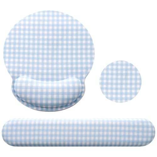 Tellegloww Wrist Rest Support for Mouse Pad&Keyboard Set, Blue Gingham Checkered Circle Curved Ergonomic Mousepad&Coaster Non-Slip Base Design for Office Home Laptop Desktop Computer Keyboard - color: Blue