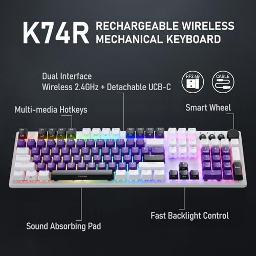 iRocks K74R Wireless RGB Illuminated Mechanical Gaming Keyboard, Hot-Swappable Switches, Floating Design, PBT 107 Keys NKRO, Detachable USB-C Cable - White Amethyst (Brown Switches) - color: White Amethyst, size: Brown Switches