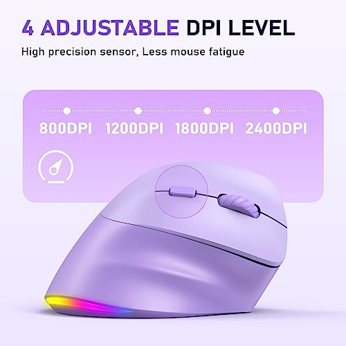MEETION Ergonomic Mouse, Wireless Vertical Mouse RGB Backlit, Rechargeable Mice for Bluetooth(5.2+3.0) & USB-A with USB-C Adapter, 4 Adjustable DPI Compatible Mac/Windows/Andriod/PC/Tablet/iPad Purple - color: Purple