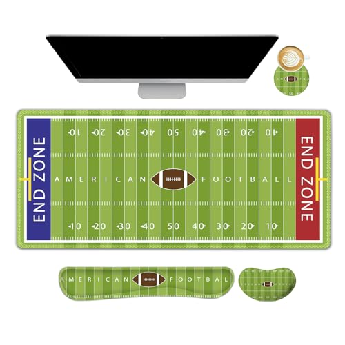 ARTSO Green Desk Mat Set, Extended Gaming Mouse Pad with Wrist Rest Support +Keyboard Wrist Rest +Coaster, Large Cute Mousepad, American Football Field - color: American Football Field