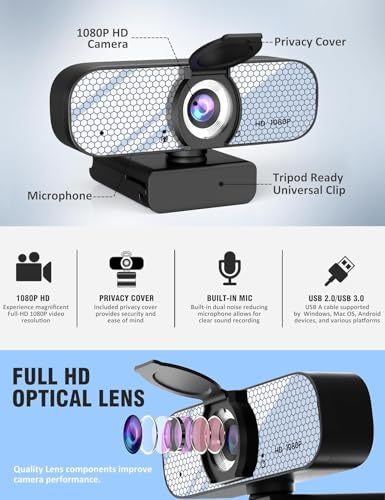 HD 1080P Webcam with Built-in Microphone and Rotatable Tripod, 1080P Video and Wide Angle Camera, Privacy Cover, for Desktop PC or Laptop Computer （White） - color: white