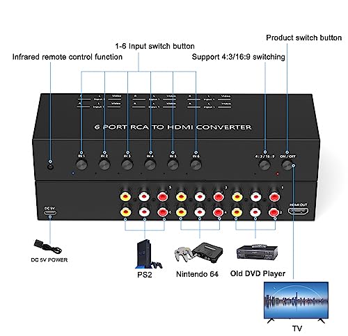 Dingsun 6Port AV to HDMI Converter, Will Convert Input Analog Aignals to a Digital Output Signal, Built-in 16:9/4:3 Adjustment, Perfect for Old Video Game Systems,PS,WII,Xbox,DVD,VHS(with Remote) - style: 6Port RCA to HDMI Converter