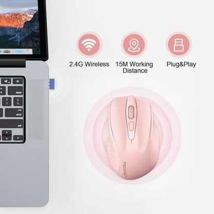 TECKNET Wireless Mouse Rechargeable, 2.4G Computer Mice with USB-A Receiver | 2.4G Connection, 800mAh Battery, 3X Faster Charging, Silent Click, 6-Level 4800 DPI, Ergonomic Design for All-day Comfort - color: Pink
