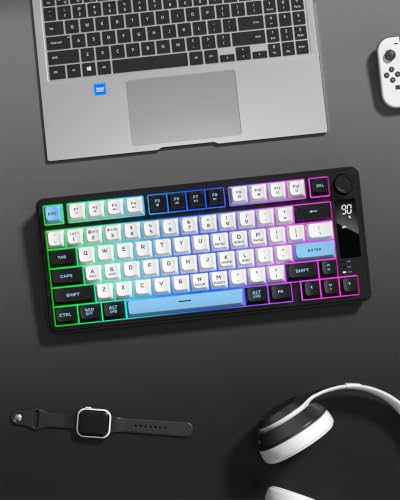 DK75 75% Wireless Gaming Keyboard, RGB Backlit Creamy Keyboard with Media Knob, OLED Screen, Tri-Mode 2.4GHz/USB-C/BT5.0, Anti-Ghosting No-Conflict Silent Membrane Keyboard for MAC Windows - color: Black&Blue