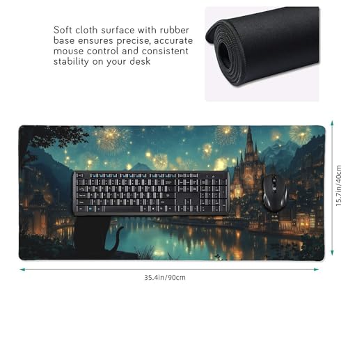 Castle Fireworks XXL Gaming Mouse Pad, Fantasy Night Sky Design with Cat Silhouette, Extended Desk Mat, Non-Slip Base, Stitched Edges 35.4" x 15.7" - color: Black Cat Castle Night View