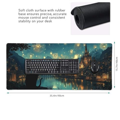 Castle Fireworks XXL Gaming Mouse Pad, Fantasy Night Sky Design with Cat Silhouette, Extended Desk Mat, Non-Slip Base, Stitched Edges 35.4" x 15.7" - color: Black Cat Castle Night View