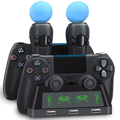 PS4 Controller Charging Dock Station, 4 in 1 PS VR Motion Move Charger Station, Fast PlayStation 4 Controller Charger with LED Indicator Compatible with PS4/Slim/PS4 Pro/PS VR Charging Dock