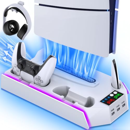 Slim Cooling Station Stand LED with Dual Controller Charging Station for PlayStation 5 Console, PS 5 Accessories Incl. Controller Charger, Cooling Fan, Headset Holder, 3 USB Hub- LED White - color: RGB WHITE