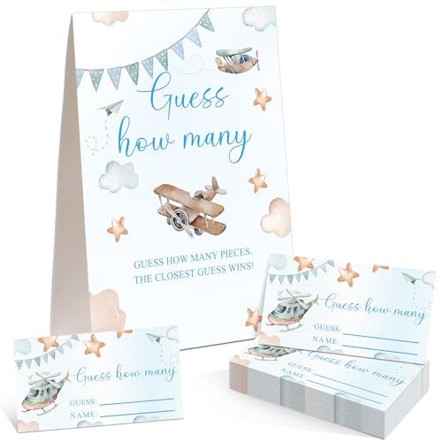 Airplane Adventure Guess How Many Baby Shower Game Pack of 1 Tabletop Sign with Stand and 50 How Many Cards, Vintage Plane Gender Reveal Party Game Decorations - style: Airplane