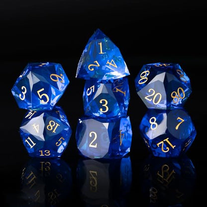 Resin DND Dice Set, 7 Pieces Handmade Sharp Edge Polyhedral Dice for Role Playing Game, Dice Accessory for D&D RPG Players and Starters d4 d6 d8 d10 d12 d20 with Gift Box (Blue) - color: Blue