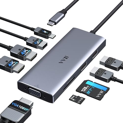 Docking Station 3 Monitors USB C Docking Station Dual Monitor HDMI Adapter for Dell HP Laptop,USB C Hub Multiple Adapter Dongle with 2 HDMI 4K+VGA+100W PD Charger+3 USB Port+SD/TF Card Reader - color: ‌Dark gray‌