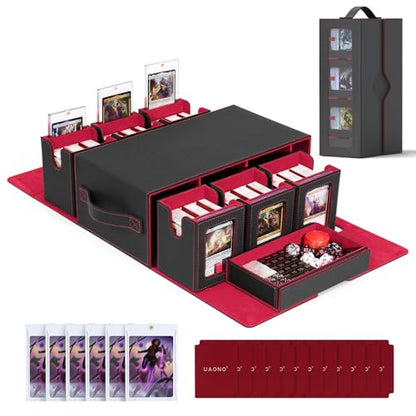 UAONO MTG Commander Deck Box, 6-Deck Modular TCG Deck Case with Dice Tray | Hold 600+ Double-sleeved Cards, Modular Card Deck Box with 35PT Magnetic Card Holder for Magic the Gathering Black Red - color: Black Red