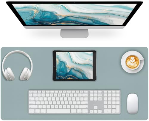 Large Desk Pad Mat, Leather Blue Desk Mat for Desktop, Computer Desk Mouse Pad Non-Slip, Waterproof Keyboard Mat for Office/Home/Decor, 23.6" x 13.7" - color: Mist Blue, size: 23.6" x 13.7"
