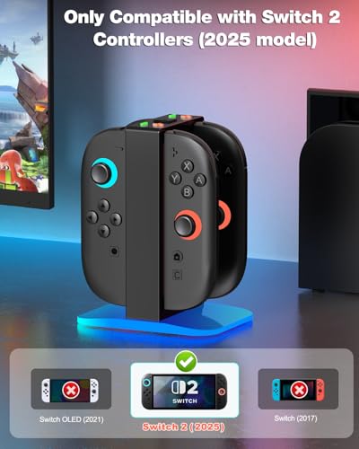 Upgraded Switch 2 Charging Dock for Nintendo Switch 2 Joycons, 4-in-1 Magnectic Controller Fast Charging Station with Adjustable 8 RGB Lights, Compact Desktop Stand for Bedroom & Gaming Setup,S - size: S-Square Sturdy Dock