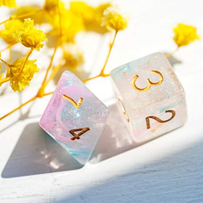 UDIXI Glitter DND Dice Set, Galaxy D&D Polyhedral Dice Set Iridecent Swirls | Pink & Cyan Colors, Gold Number, Velvet Dice Bag Packaging, for Dungeons and Dragons Role Playing Games and Tabletop Games - color: Pink Cyan