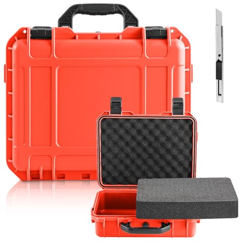 Relaxweex 1 Pcs Waterproof Hard Case with DIY Customizable Foam Insert Portable Protective Case with Knife for Camera Drones Equipments Tools Test Instruments(Reddish Orange,8.5 x 6.5 x 3.7 Inch) - color: Reddish Orange, size: 8.5 x 6.5 x 3.7 Inch