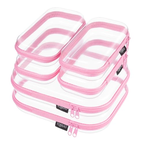6 Pack Pink Clear Hard Shell Beauty Organizer (2M+4S), 1.2mm Heavy Duty Crush-Proof Cosmetic Case, Reinforced YKK Zippers, Stadium Approved Security Bag for Skincare & Electronics, Multi-Size Set - color: Pink, size: 6 Pack (2M+4S)