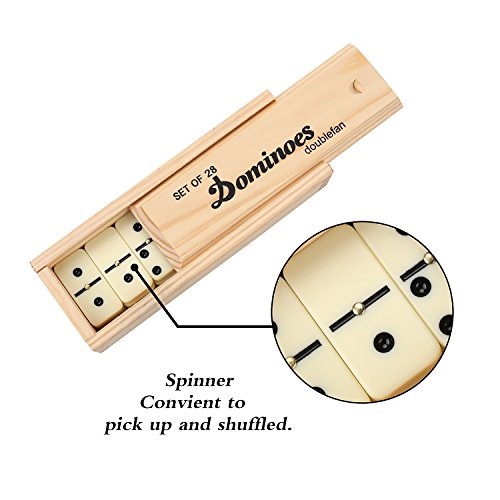 Doublefan Dominoes for Adults, Double 6 Domino Set 28 Tiles in Wood Case | Portable Travel wood case,28 Domino tiles, metal spinners, , for 2-4 players,family game, board game, Parent Gift choice - style: Standard