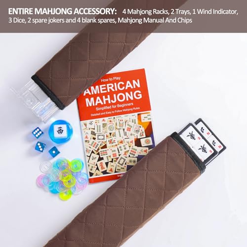 American Mahjong Tile Set with Brown Bag, 166 White Tiles with Accessories, 4 Mahjong Racks with Pushers, Mahjong Set for Beginners (Ma Jong, Mah-Jongg) - color: Brown