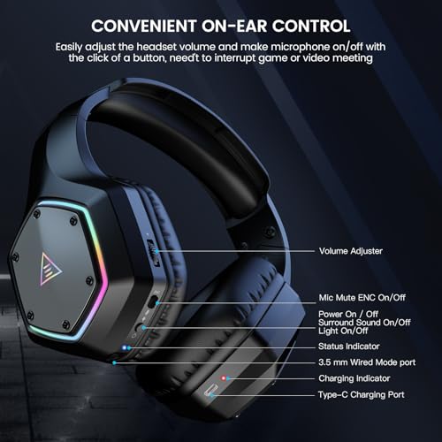 EKSA 2.4GHz Wireless Gaming Headset for PC, PS4, PS5, Gaming Headphones with Noise Cancelling Microphone, 7.1 Surround Sound, 36Hr Battery, RGB, 3.5mm Wired Computer Headset - color: Black