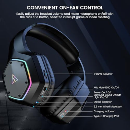 EKSA 2.4GHz Wireless Gaming Headset for PC, PS4, PS5, Gaming Headphones with Noise Cancelling Microphone, 7.1 Surround Sound, 36Hr Battery, RGB, 3.5mm Wired Computer Headset - color: Black