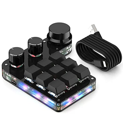 USB Mini Macro Mechanical Gaming Keyboard, Programming KeyPad with 3 Knobs, RGB LED KeyPad Macro Support One-Handed,OSU,One-Click Start DIY Hotkeys (9Key Wired) - color: 9Key Wired