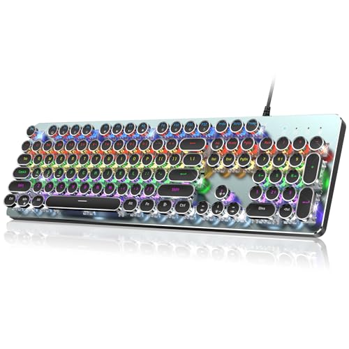 Typewriter Wired Mechanical Gaming Keyboard, Blue Switch LED Backlit | Metal Panel, Retro Punk Round Keycaps, 104 Keys Wired Keyboard for PC Laptop Mac Gamer, LED Rainbow Backlit,RisoPhy