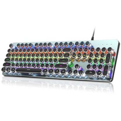 Typewriter Wired Mechanical Gaming Keyboard, Blue Switch LED Backlit | Metal Panel, Retro Punk Round Keycaps, 104 Keys Wired Keyboard for PC Laptop Mac Gamer, LED Rainbow Backlit,RisoPhy