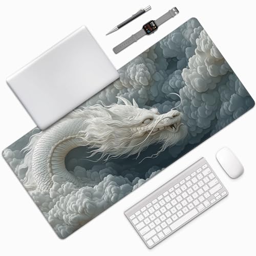 Large Chinese Dragon Mouse Pad, Non-Slip Natural Rubber Desk Mat with Stitched Edges, White and Gray, 35.4 x 15.7 Inches, Gaming - color: White Dragon