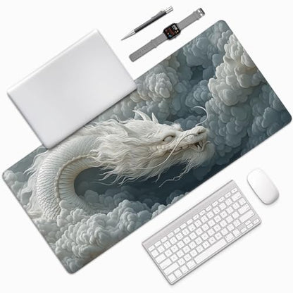Large Chinese Dragon Mouse Pad, Non-Slip Natural Rubber Desk Mat with Stitched Edges, White and Gray, 35.4 x 15.7 Inches, Gaming - color: White Dragon