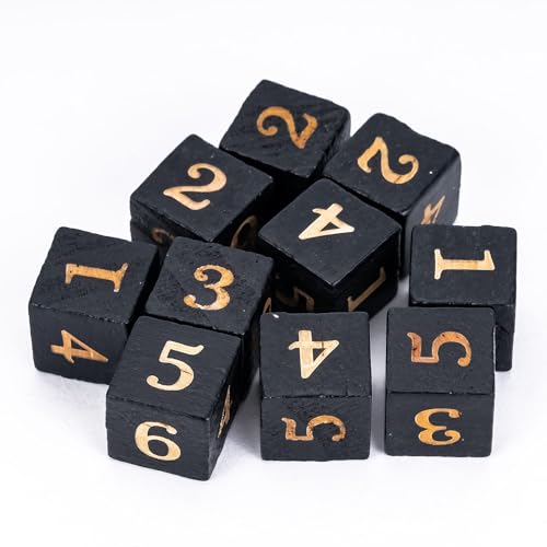 16mm D6 Dice Set 10PCS Wooden 6 Sided Dice for D&D RPG Board Games | Leather Storage Bag, DM Gift, for Dungeons and Dragons Role Playing Games - color: D6-black N