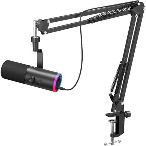 TONOR Dynamic Gaming Microphone, XLR/USB Microphone for Content Creators with AI Noise Cancellation, RGB, Tap Mute, Gain Control, Microfono with Boom Arm for Streaming, Black, TD510 AIR S H+