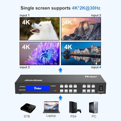 4K HDMI Matrix Switch 4x4, HDMI Matrix Switcher/Splitter 4 in 4 Out with Backlit Button, Support 4K@30Hz 4:4:4, IR Remote & RS232 Control, HDCP, EDID, RGB, YUV(Downscale 4K & 1080P Together) - size: 4 in 4 out