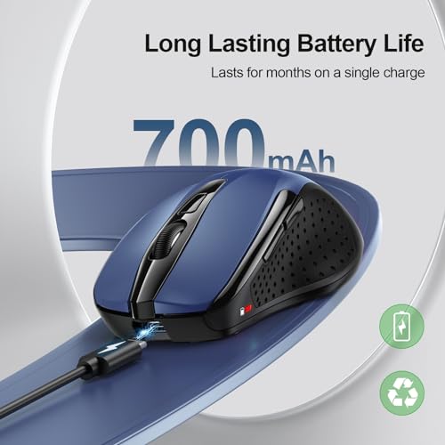 TECKNET Wireless Mouse Rechargeable, 2.4G Computer Mice with USB-A Receiver | 2.4G Connection, 800mAh Battery, 3X Faster Charging, Silent Click, 6-Level 4800 DPI, Ergonomic Design for All-day Comfort - color: Blue