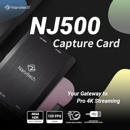Narvitech NJ500 HDMI Capture Card – 4K60 HDR, 2K144, 1080P240 Passthrough, 4K30 Recording, Ultra-Low Latency, for PS5, Xbox Series X|S, Nintendo Switch 2, Quest 3, PC & Mac, OBS Streaming & Recording